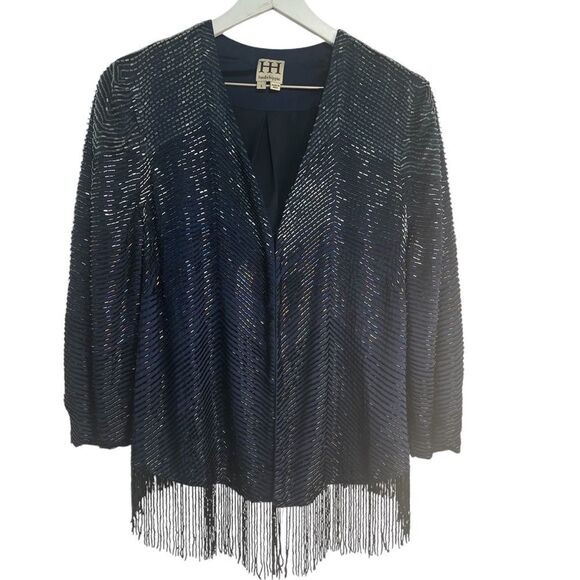 Haute Hippie Beaded Silk Jacket Womens Medium Blue Fringe Flapper MSRP $1495 - Picture 1 of 11
